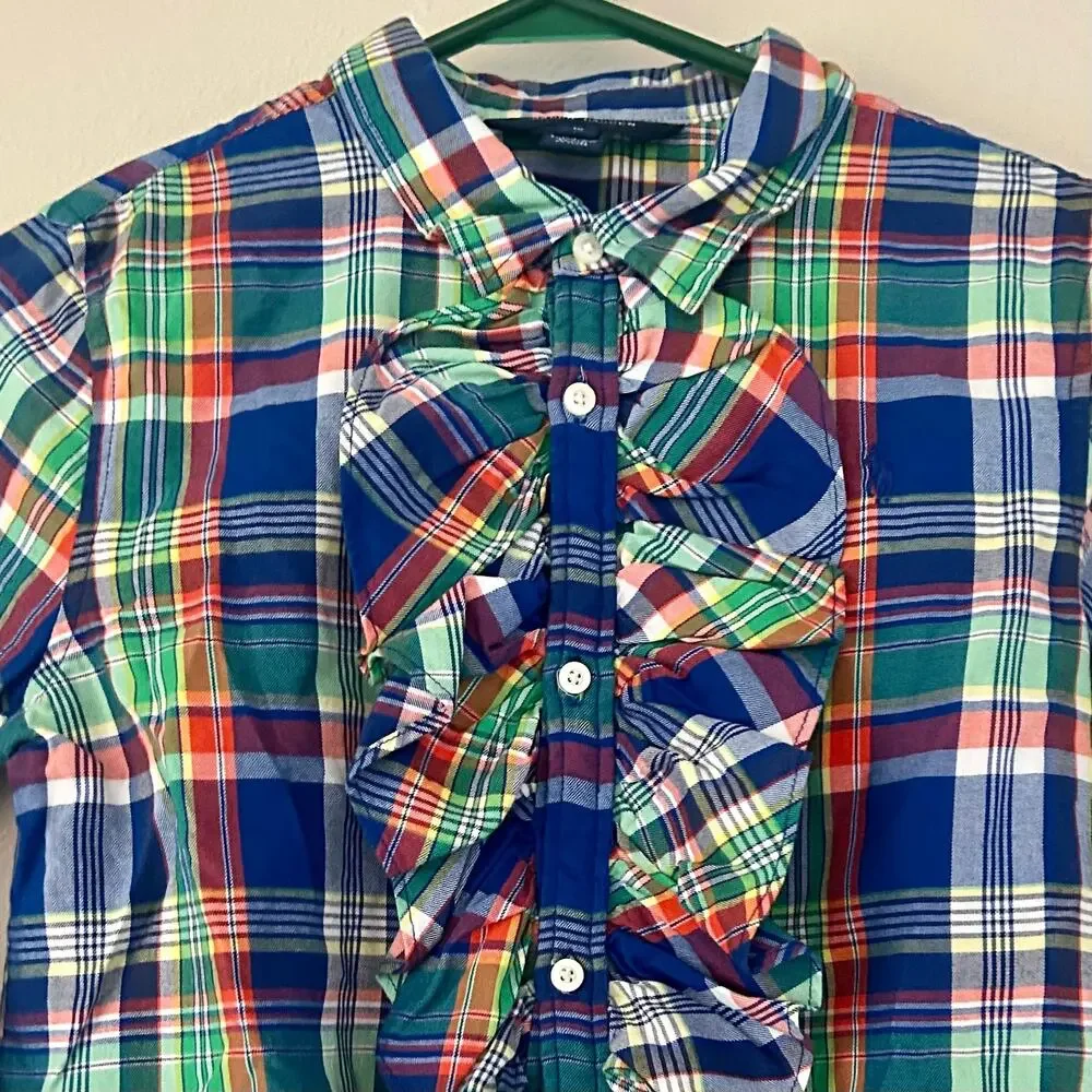 Ralph Lauren Plaid Ruffle Front Button up Shirt girls 16 Preppy Tartan western